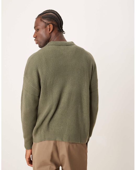 ASOS Green Oversized Ribbed Knitted Zip Through Cardigan With Collar for men