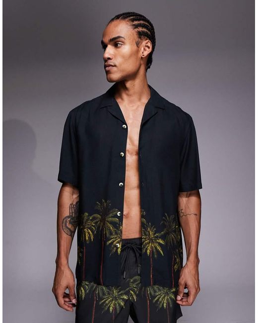 ASOS Blue Co-ord Relaxed Revere Shirt With Palm Tree Placement Print for men