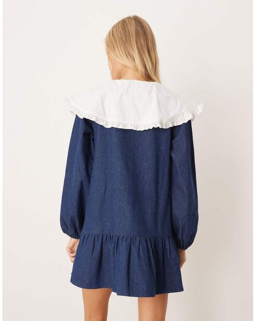 Neon Rose Blue Oversized Removable Collar Denim Mini Smock Dress