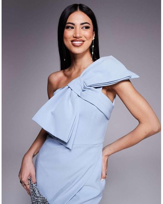 Lavish Alice Blue One Shouder Statement Bow Midi Dress