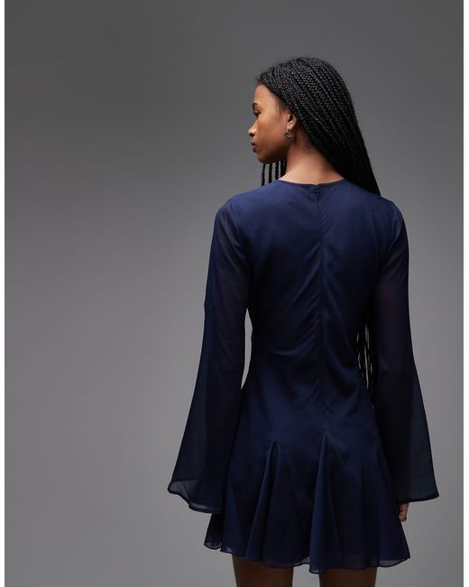 ASOS Blue Long Sleeve Mini Dress With Ruffle Skirt