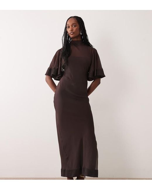 ASOS Brown Asos Design Tall Half Wide Sleeve Column Chiffon And Satin Contrast Dress