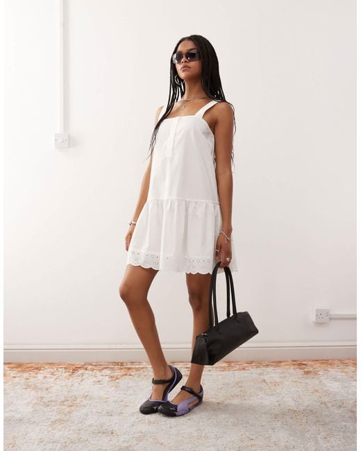 Collusion White Swing Mini Dress With Broderie Trim
