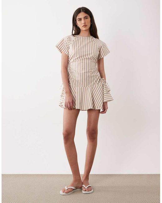 ASOS Multicolor Poplin Short Sleeve Mini Dress With Ruching Tie Waist Detail