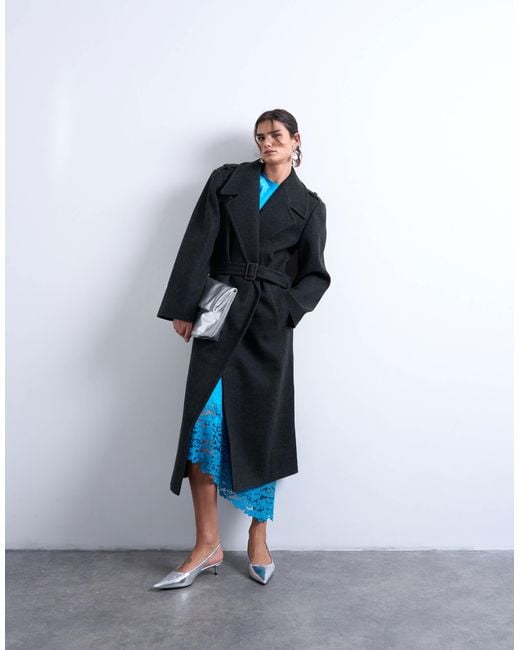 TOPSHOP Blue Dropped Belt Longline Formal Coat