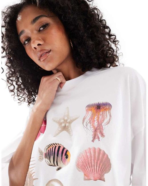 Camiseta Corta Blanca Con Estampado Gráfico De Conchas De ONLY de color White