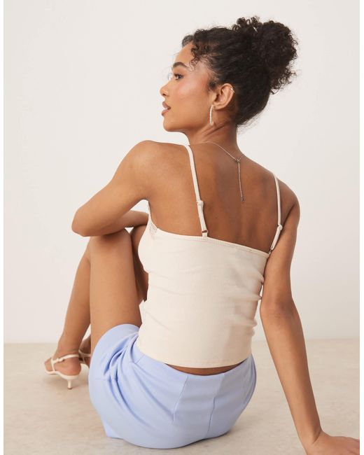 ASOS Natural Ribbed Cami Top With Lace And Button Detail