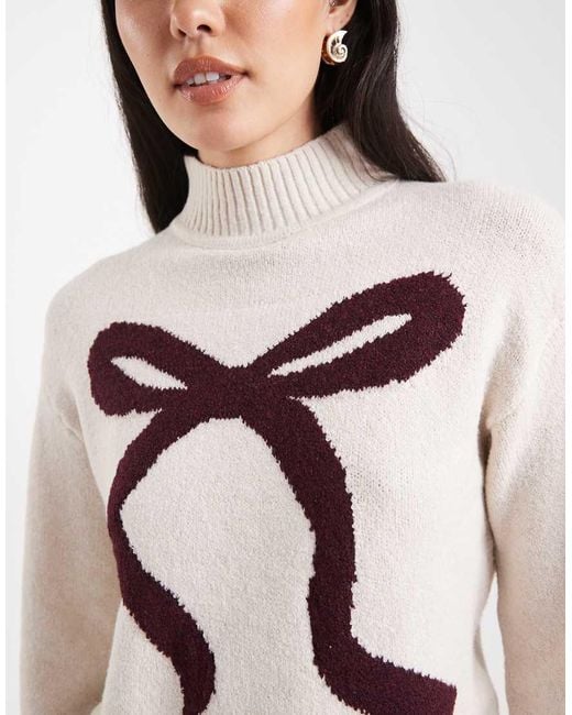 Brave Soul Natural Mock Neck Jumper With Bow Print