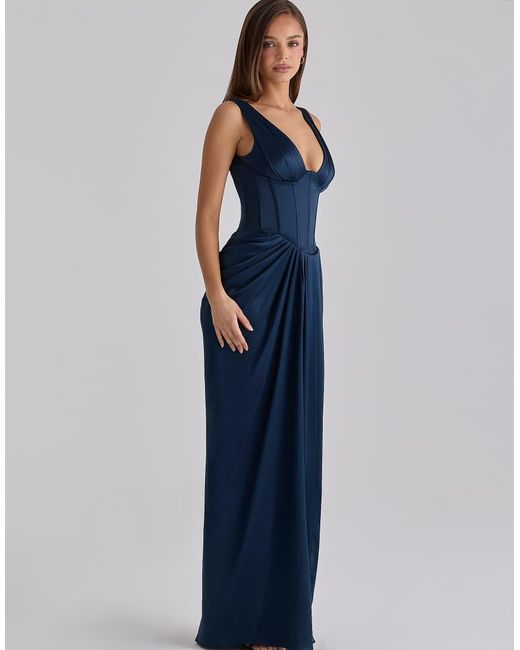 House Of Cb Blue Angeline Satin Corset Maxi Dress