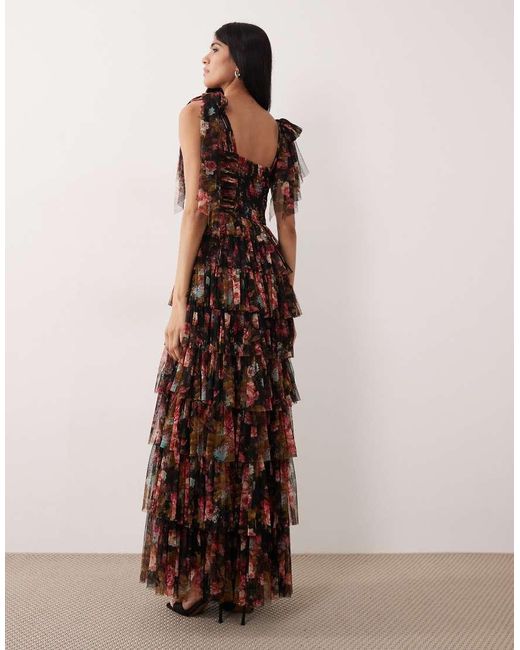 LACE & BEADS Brown Tulle Bow Shoulder Tiered Maxi Dress