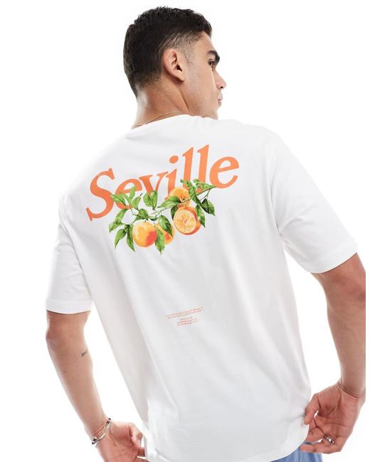 Only & Sons White Oversized Fit T-shirt With Seville Back Print for men