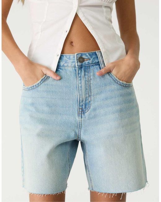 Stradivarius Denim Bermuda Short Met Halfhoge Taille in het Blue