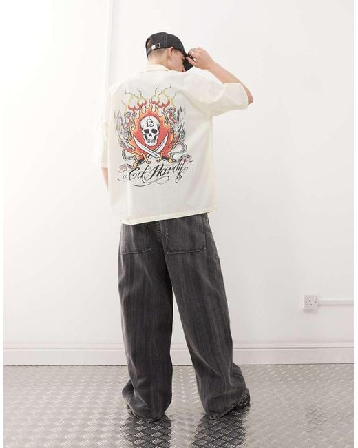 Ed Hardy White Snakes And Skull Flames Printed Shirt for men