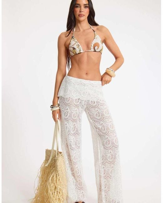 Missy Empire White Paisley Crochet Fold Over Straight Leg Trouser