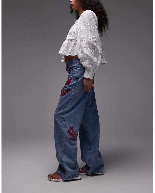 TOPSHOP Blue Mid Rise Loose Fit Jean With Red Floral Embroidery