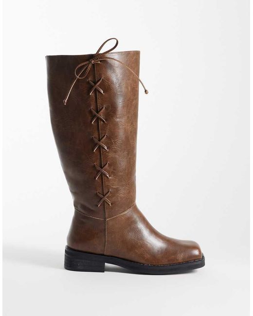 Public Desire Brown Saffron Square Toe Knee Boots