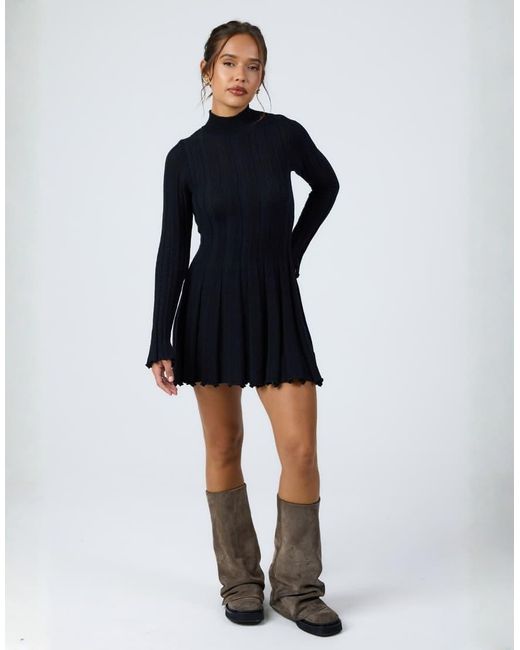 Aria Cove Blue Knitted High Neck Wide Rib Pleat Hem Mini Dress