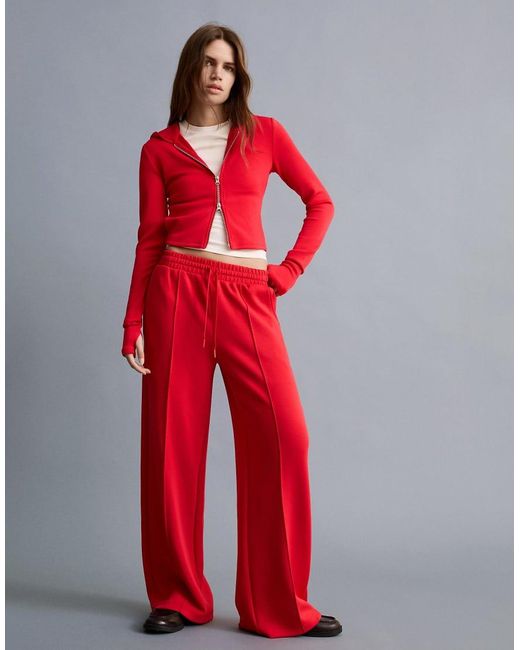 Bershka Red Zip-up Modal Blend Hoodie