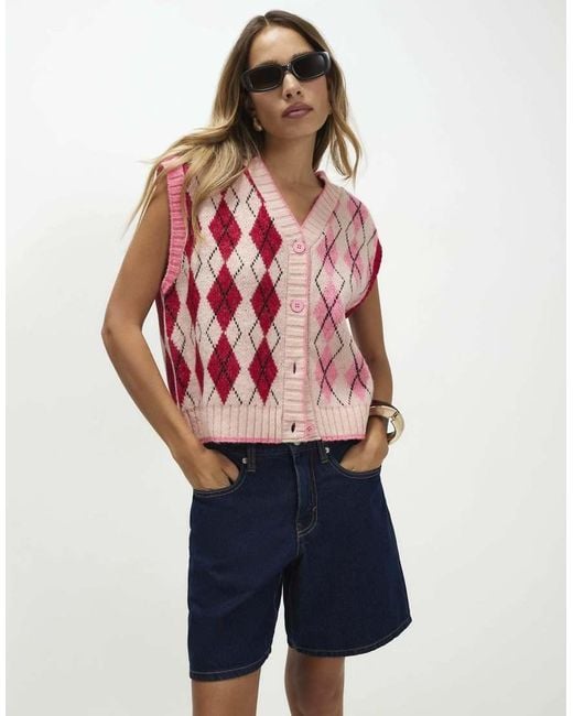 River Island Pink Knitted Argyle Waistcoat