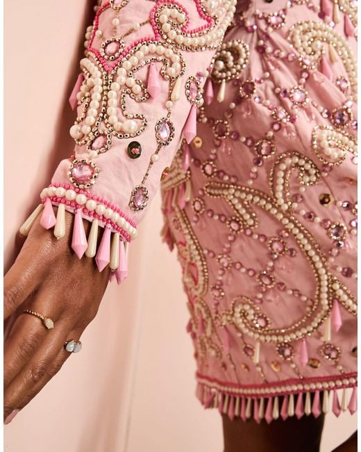 ASOS Pink Curve Pearl Embellished Puff Sleeve Long Sleeve Mini Dress