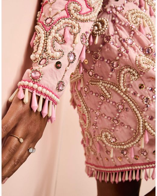 ASOS Pink Curve Puff Sleeve Embellished Mini Dress