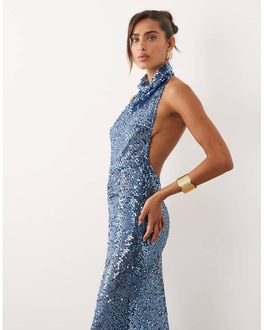 ASOS Blue Embellished Sheer Sequin Halter Maxi Dress