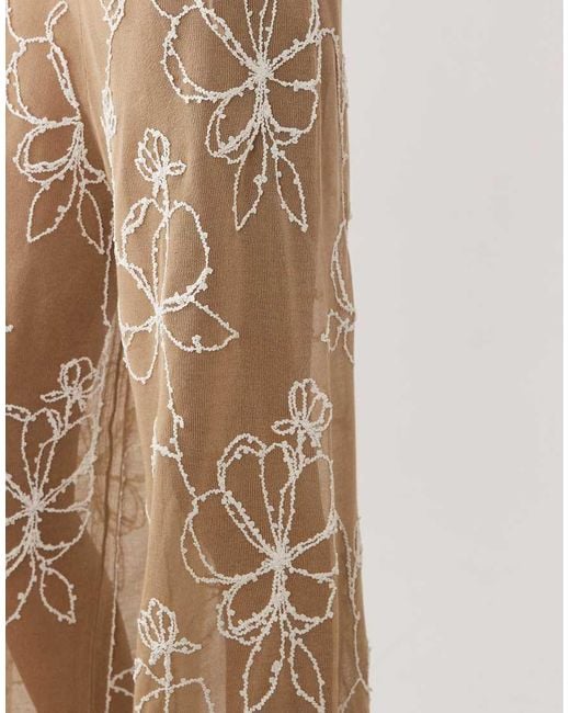 Miss Selfridge Natural Beach Premium Sheer Knit Embroidered Wide Leg Pants