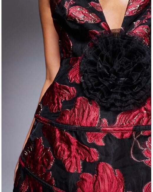 ASOS Red Jacquard Plunge Caged Mini Dress With Corsage