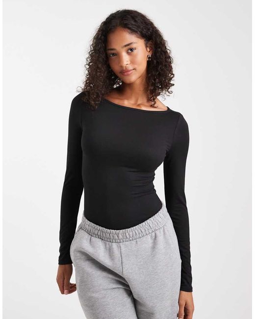 Miss Selfridge Black Sculpted Boat Neck Bodysuit