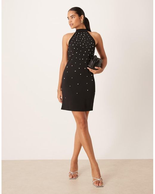 Vila Black Halter Neck Embellished Mini Dress