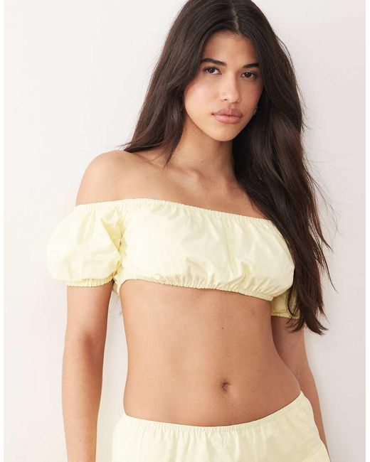 Kaiia Natural Exclusive Cotton Puff Off The Shoulder Sleeve Bandeau Crop Top Co-ord