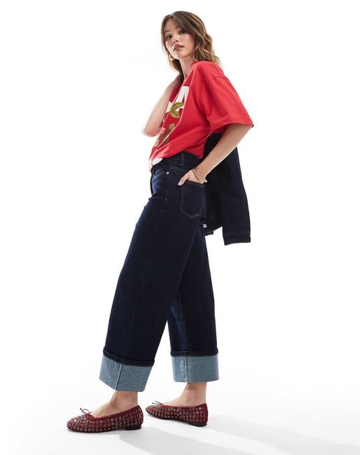 ONLY Blue Cropped Wide Leg Fold Jeans Co-ord
