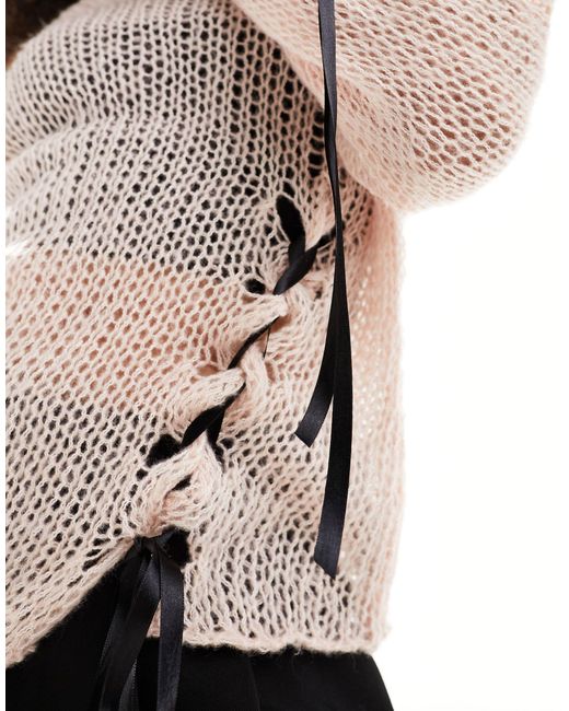 Miss Selfridge Pink Open Knit Contrast Bow Detail Asym Jumper
