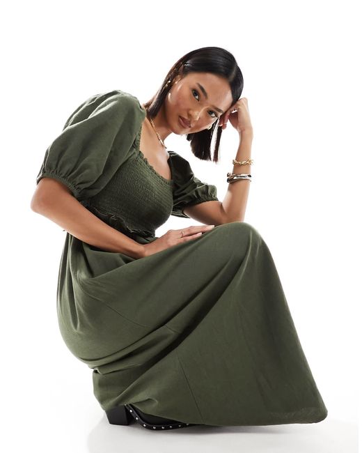 New Look Green Shirred Puff Sleeve Linen Blend Midi Dress