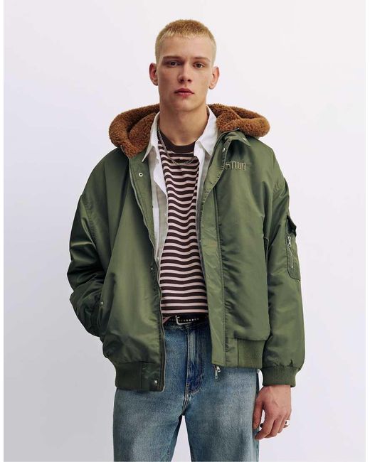 Pull&Bear Green Combined Fabric Bomber Jacket With Hood for men