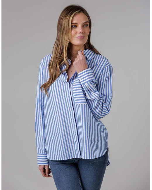 French Connection Blue Cotton Relaxed-Fit Long Sleeve Striped Popover High-Low Hem Shirt