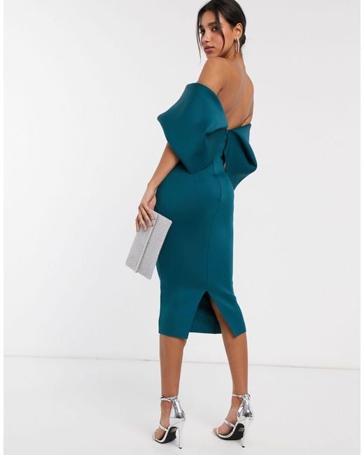 ASOS Fold Front Bardot Midi Pencil Dress-blue | Lyst