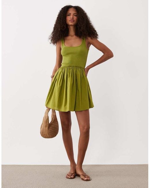 ASOS Green Scoop Ribbed Bodice With Poplin Skirt Mini Dress