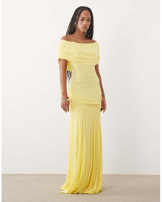 ASOS Yellow Mesh Off Shoulder Cinched Dropped Waist Maxi Dress With High Godet Detail