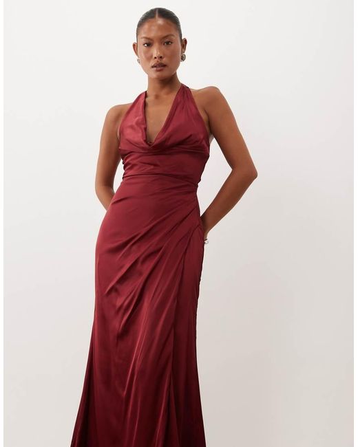 TFNC London Red Tfnc Bridesmaid Petite Satin Halter Neck Cowl Plunge Split Detail Maxi Dress