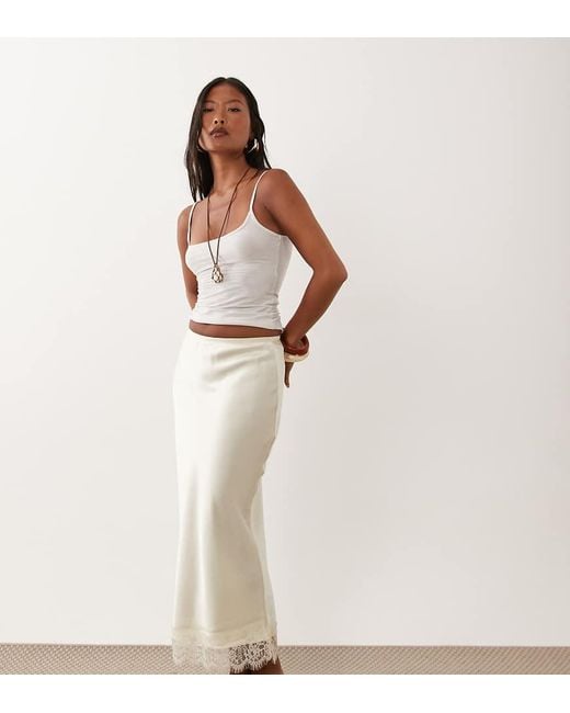 New Look White Lace Trim Satin Midi Skirt