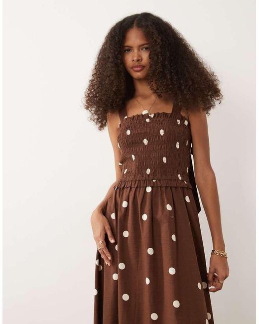 New Look Brown Polka Dot Shirred Tie Back Midi Dress