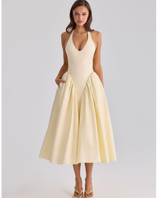 House Of Cb Natural Marilyn Lemon Cotton Halter Neck Midi Sundress