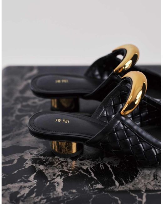 JW PEI Black Helena Mules With Gold Metal Detail