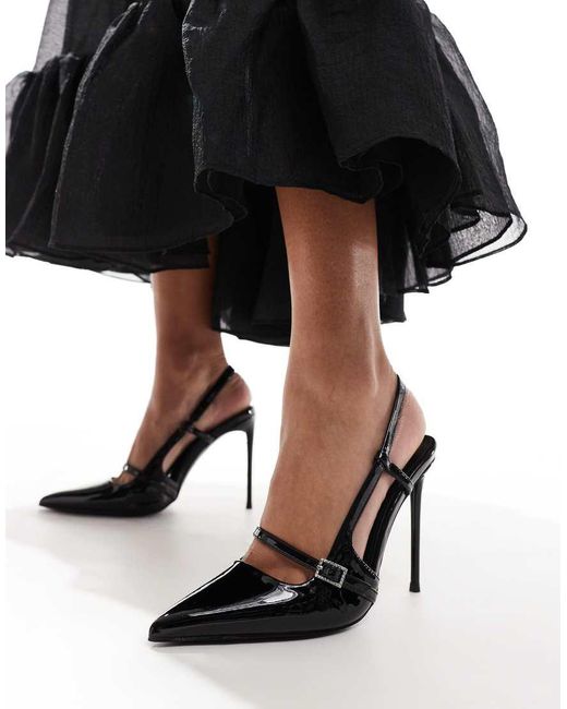 Public Desire Black Forget Me Not Sling Back Pointed Heeled Shoes