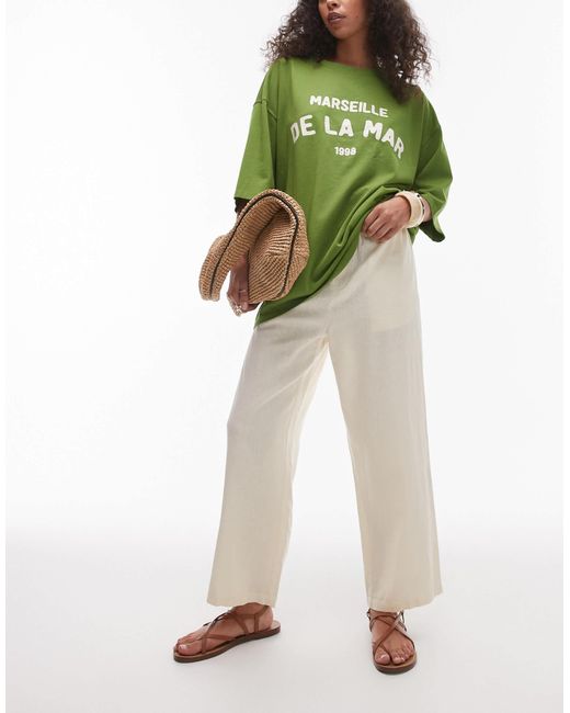 Pantalon longueur fantaisie en lin à taille mi-haute - babeurre TOPSHOP en coloris Green