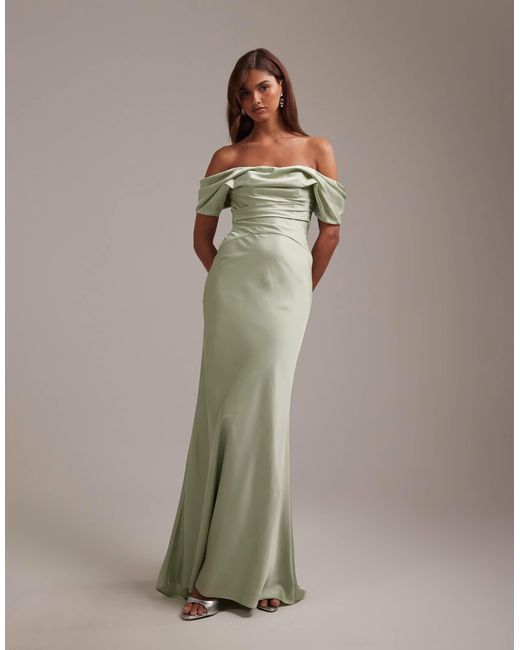 ASOS Women's Green Bridesmaids Off The Shoulder Satin Maxi Dress -  www.ice4pros.com.br