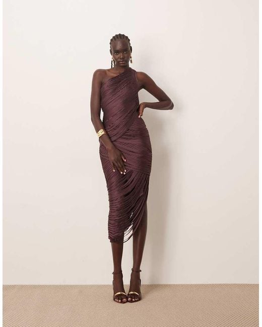 ARRANGE Pink Asymmetric Draped Fringe One Shoulder Midaxi Dress