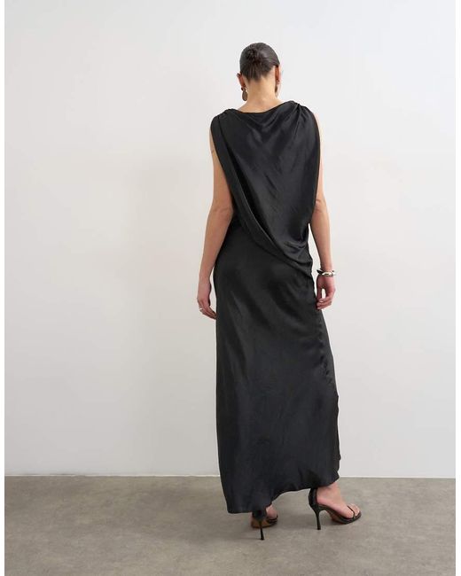 TOPSHOP Blue Satin Slash Neck Draped Cowl Front Maxi