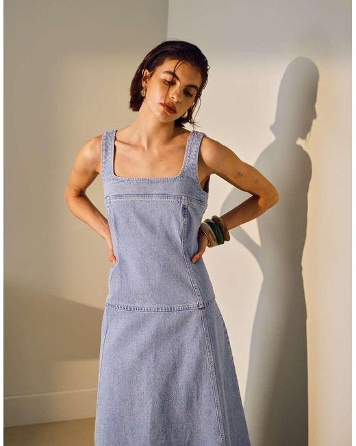 TOPSHOP Natural Denim Dropped Waist Midi Dress